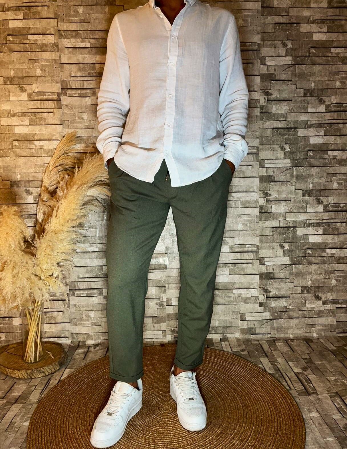 Erkek Yüksek Kalite Duble Paça Beli Lastikli Kumaş Pantolon Haki