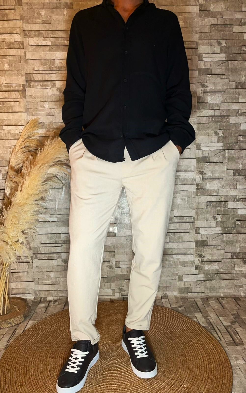 Erkek Yüksek Kalite Duble Paça Beli Lastikli Kumaş Pantolon Krem