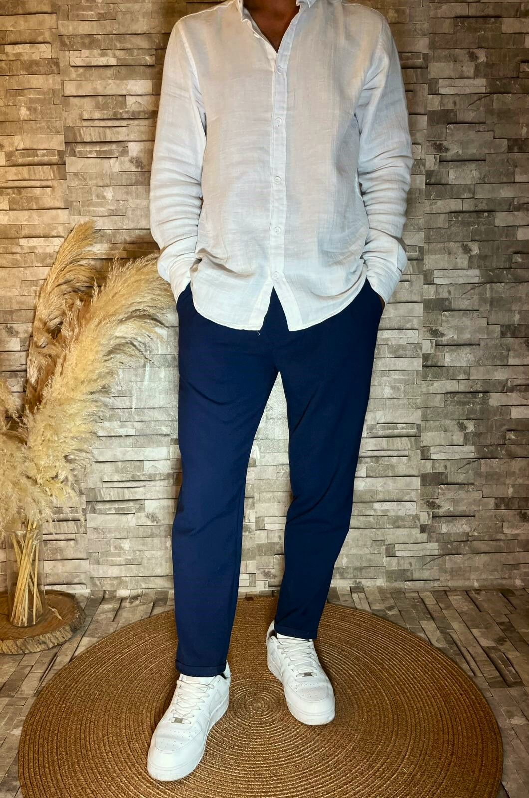 Erkek Yüksek Kalite Duble Paça Beli Lastikli Kumaş Pantolon Lacivert