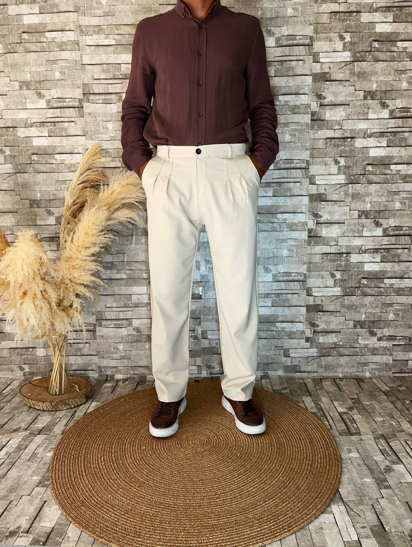 Erkek Premium Kalite Kumaş Baggy Pantolon Krem