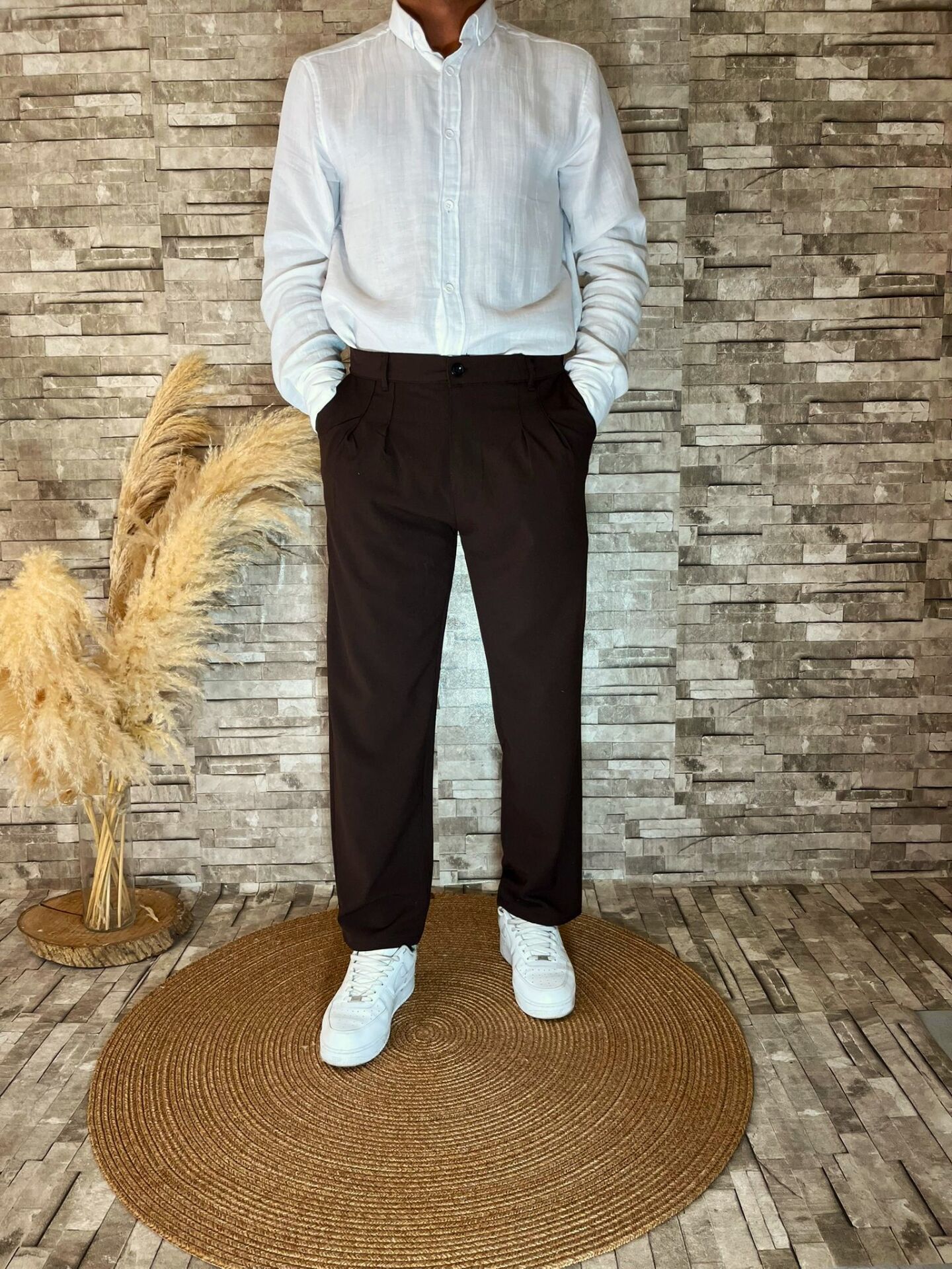 Erkek Premium Kalite Kumaş Baggy Pantolon Kahverengi