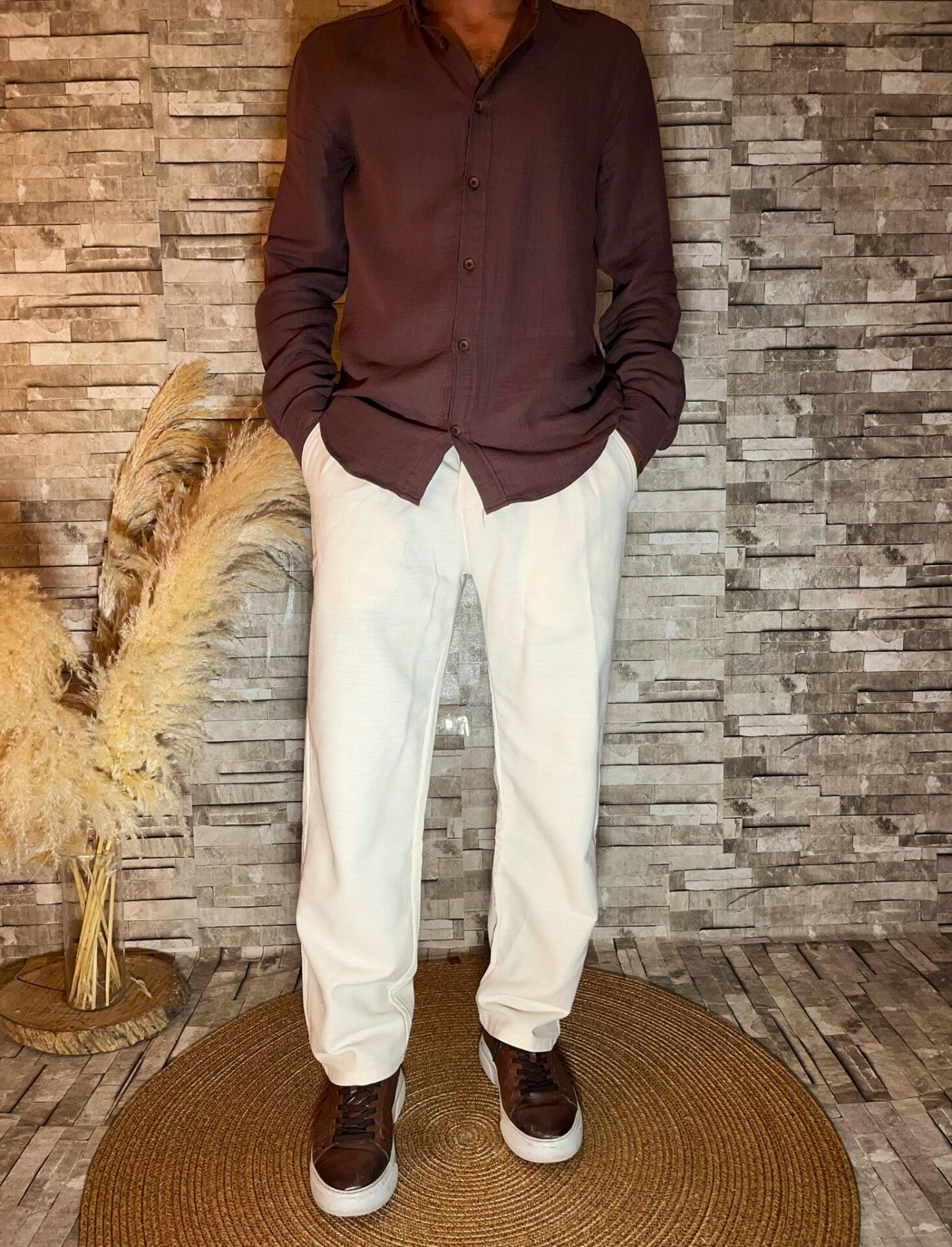 Erkek Premium Kalite Kumaş Baggy Pantolon Krem