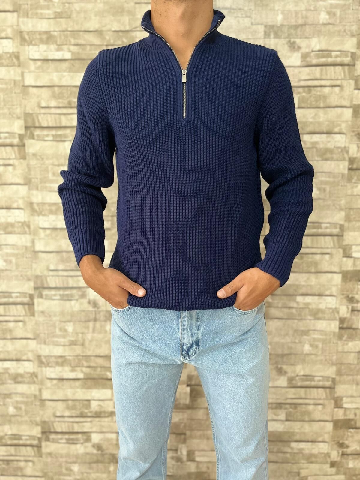 Erkek Oversize Yarım Fermuarlı Triko Kazak-Lacivert