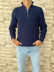Erkek Oversize Yarım Fermuarlı Triko Kazak-Lacivert