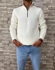 Erkek Oversize Yarım Fermuarlı Triko Kazak-Beyaz