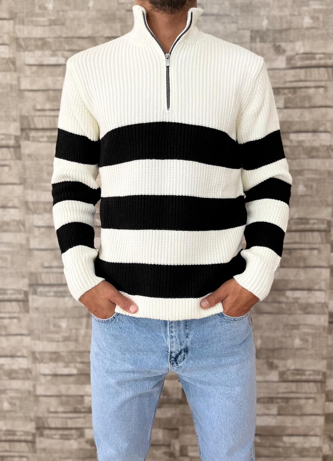 Erkek Oversize Yarım Fermuarlı Triko Kazak-Çift Renk