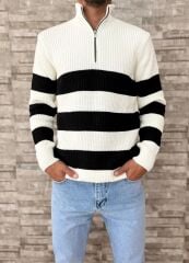 Erkek Oversize Yarım Fermuarlı Triko Kazak-Çift Renk