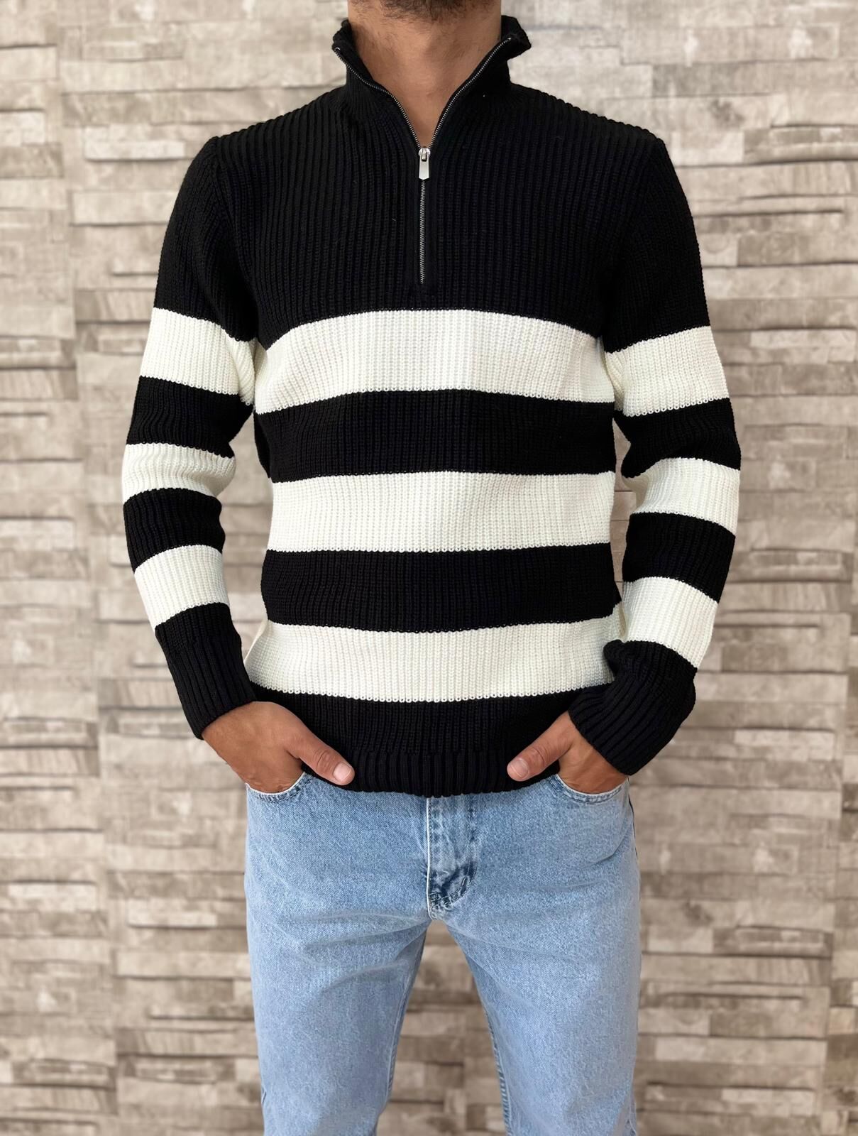 Erkek Oversize Yarım Fermuarlı Triko Kazak-Çift Renk