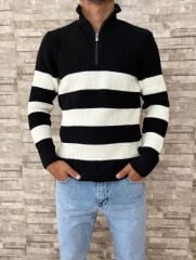 Erkek Oversize Yarım Fermuarlı Triko Kazak-Çift Renk