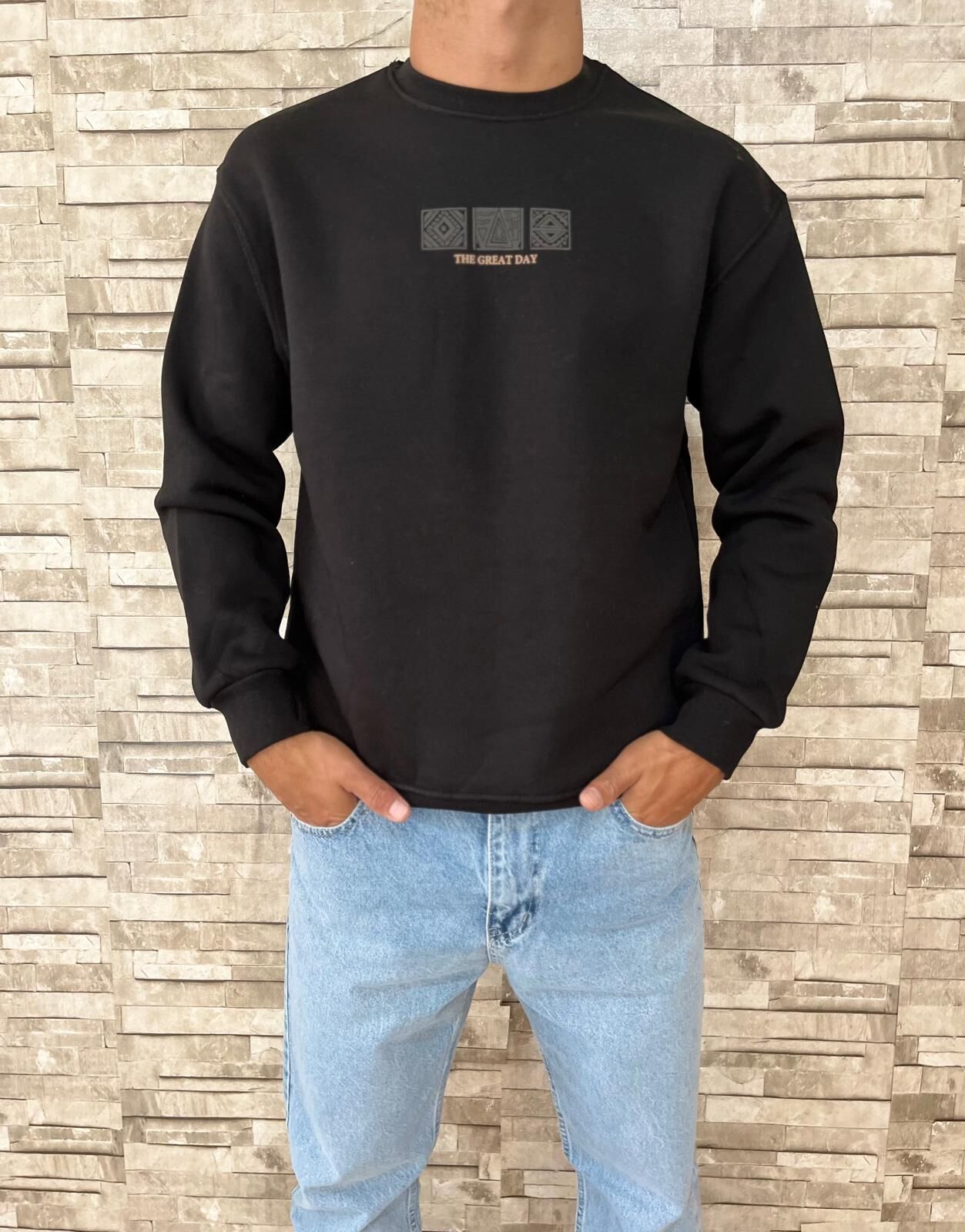 Erkek Premium Yüksek Kalite Sweatshirt Baskı Detaylı -Siyah
