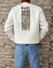 Erkek Premium Yüksek Kalite Sweatshirt Baskı Detaylı -Beyaz