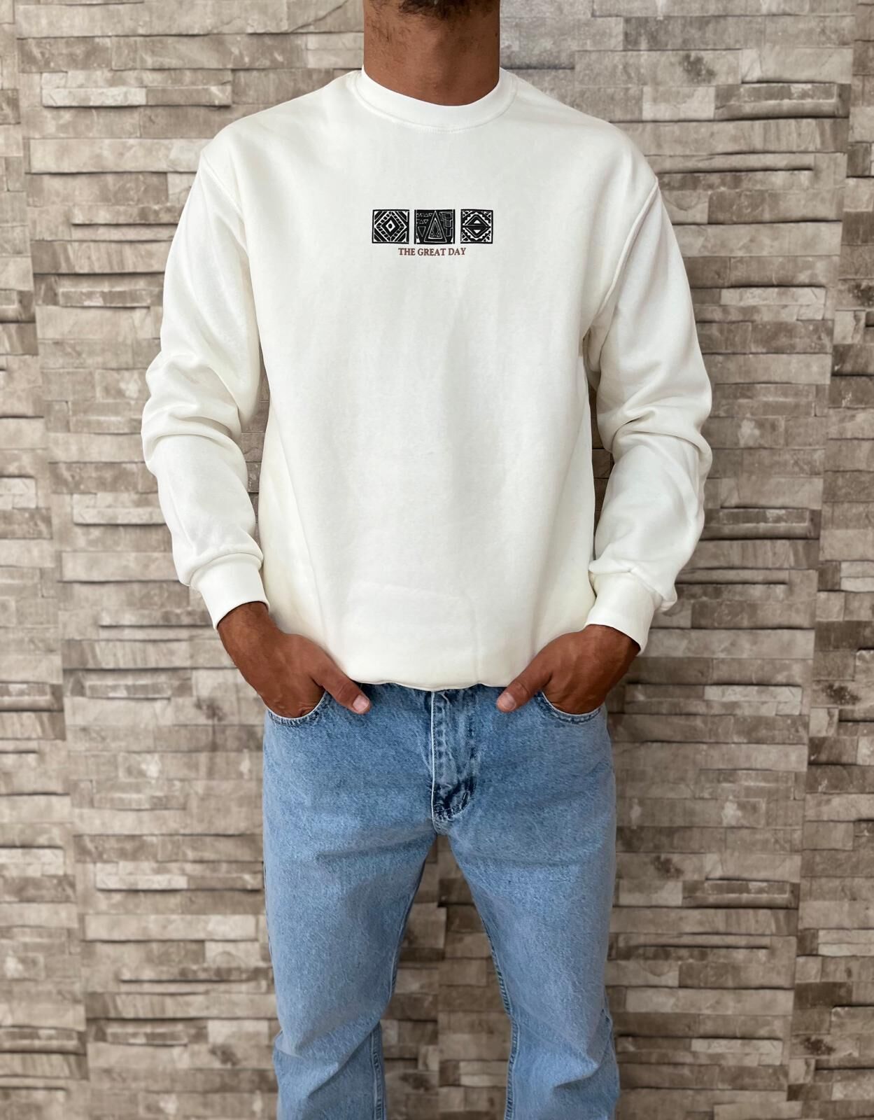 Erkek Premium Yüksek Kalite Sweatshirt Baskı Detaylı -Beyaz