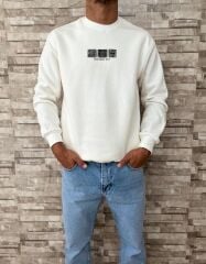 Erkek Premium Yüksek Kalite Sweatshirt Baskı Detaylı -Beyaz