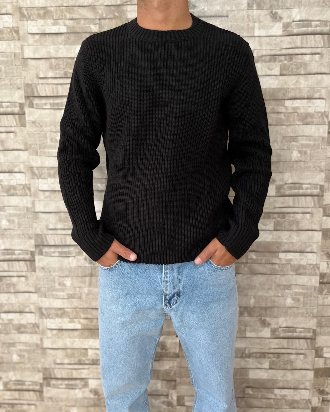 Erkek Premium Kalite Selanik Örgüsü Bisiklet Yaka Oversize Triko Kazak-Siyah